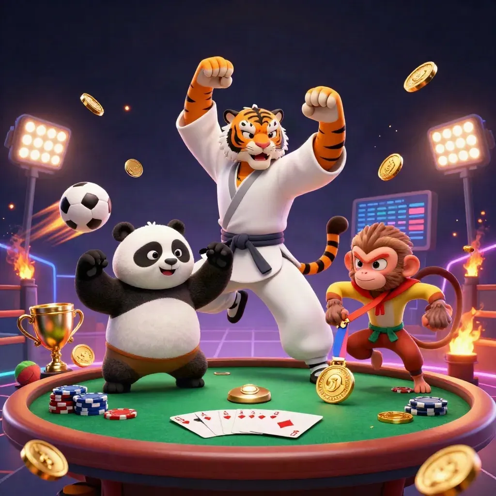 Tiger, panda, and monkey in a neon casino poker action scene with treasure and sports props.