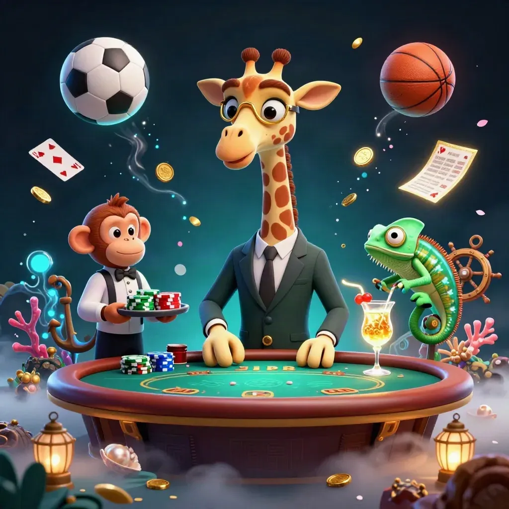 High-roller giraffe, monkey valet, and chameleon bartender amid casino treasure and sports gear.