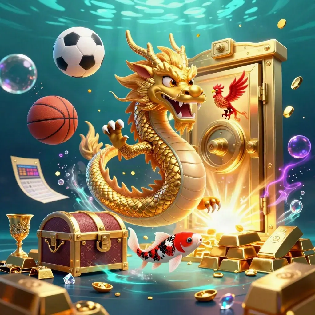 Golden dragon over treasure chest with phoenix, koi, vault, and flying balls in neon underwater casino glow
