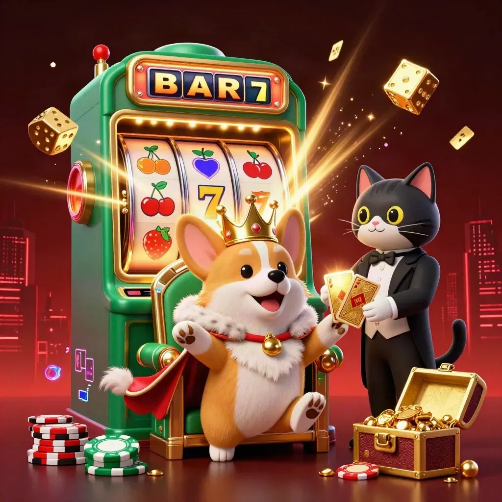 Royal corgi and cat butler amid exploding casino treasures, dice, and glowing slot effects.