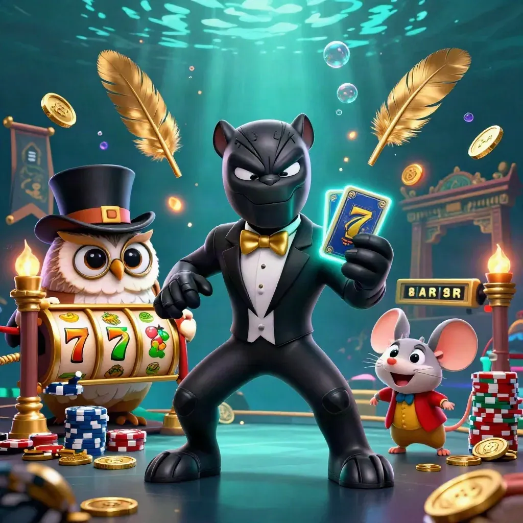 Black panther, owl, and mouse amid casino chips, gold, reels, temple gate, and cyan underwater glow.
