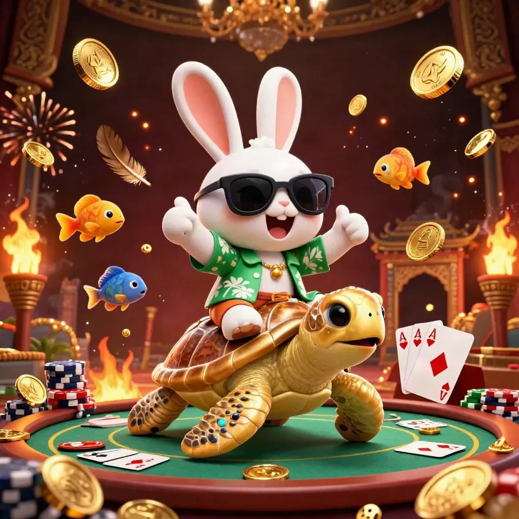 Lucky rabbit on a golden turtle amid casino treasure, poker props, and fireworks in a dark vault scene.