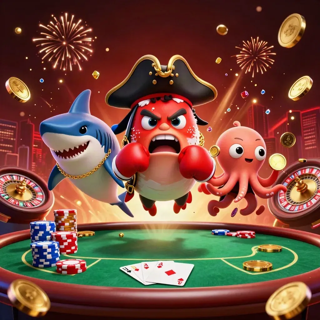 Pirate shark, boxing pufferfish, and juggling octopus amid coins, chips, cards, and fireworks.