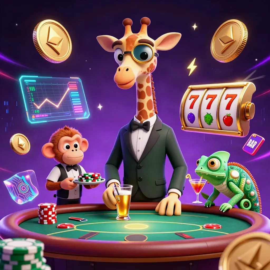 High-roller giraffe, monkey valet, and chameleon bartender amid poker tech and gold coins