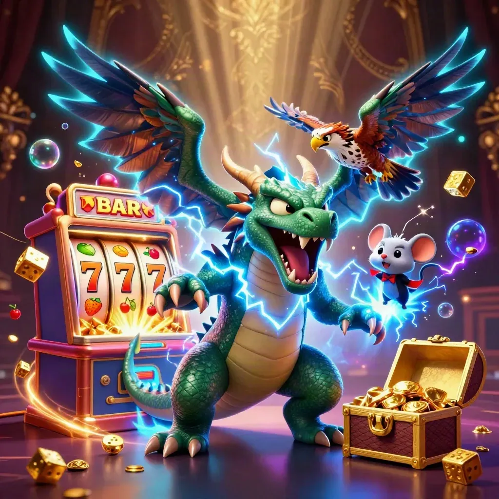 Thunder dragon, wind hawk, and static mouse amid casino reels, gold bursts, and vault-luxury glow.