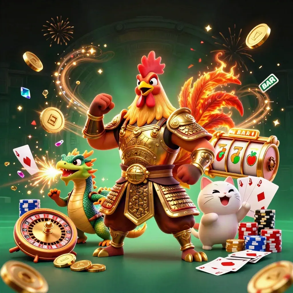 Rooster warrior, dragon hatchling and fortune cat amid casino coins, cards, chips and glowing reels.